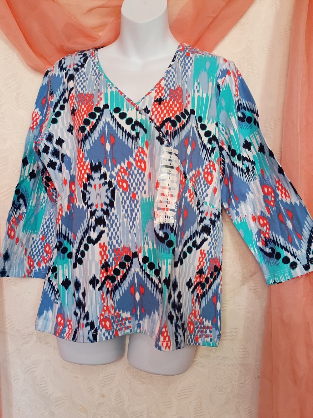 Ruby Rd. Ladies Turquoise, Coral & Blue Ikat V-Neck Blouse Sz Lg